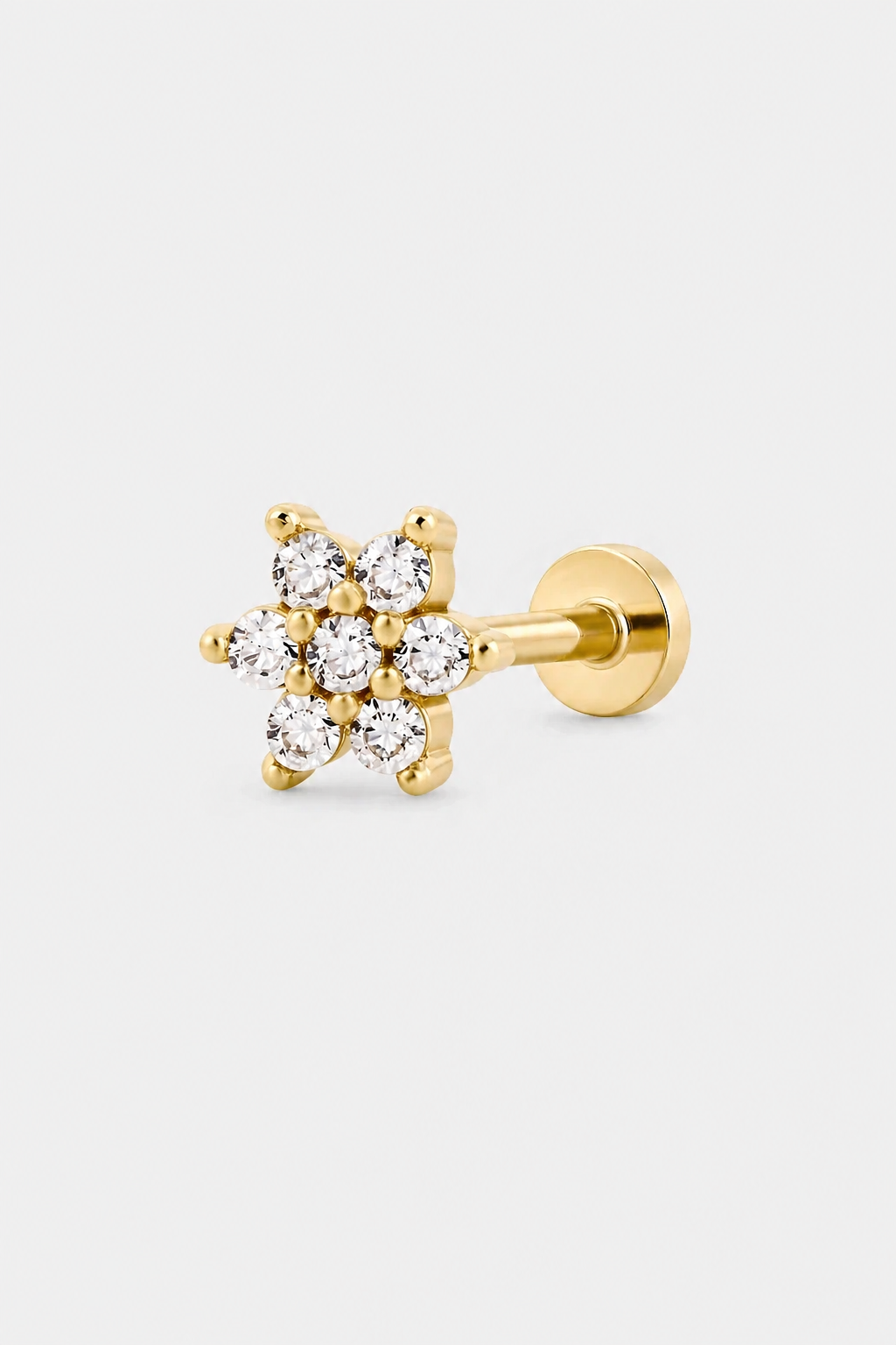 14k Gold Flatback Piercing mit Blütenmotiv · Yellow Gold · Setup 3