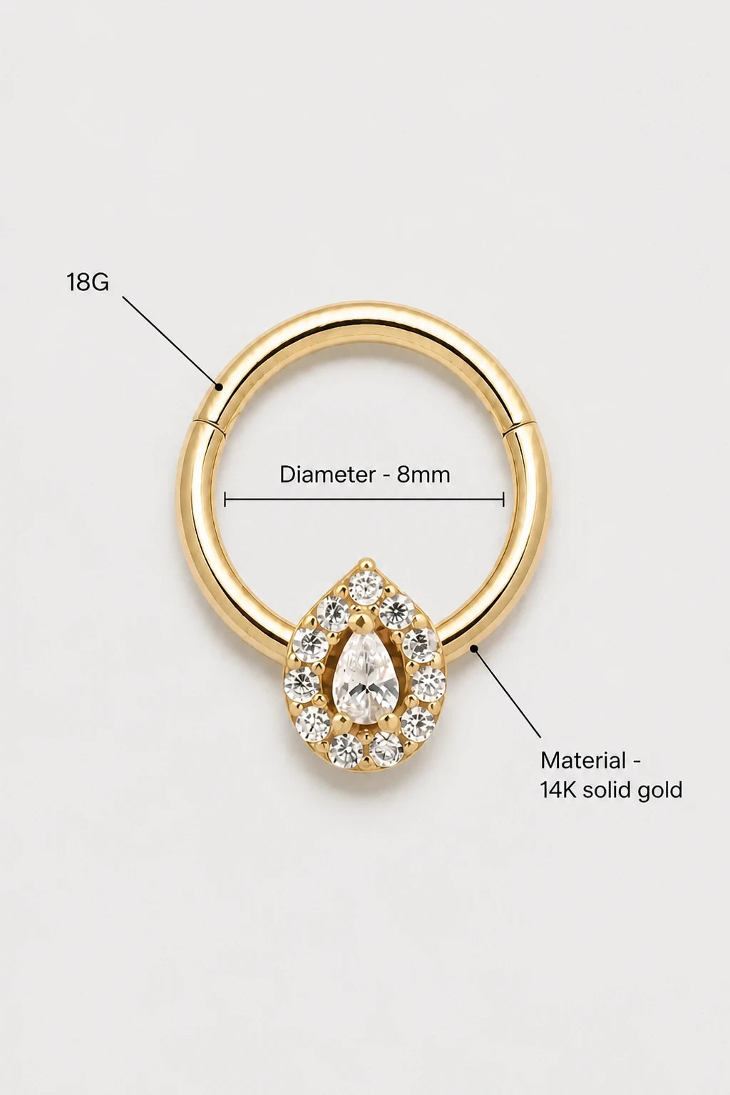 14k Gold Piercing Clicker mit Tropfen-Zirkonia · Yellow Gold · Studio 3/3 Specs