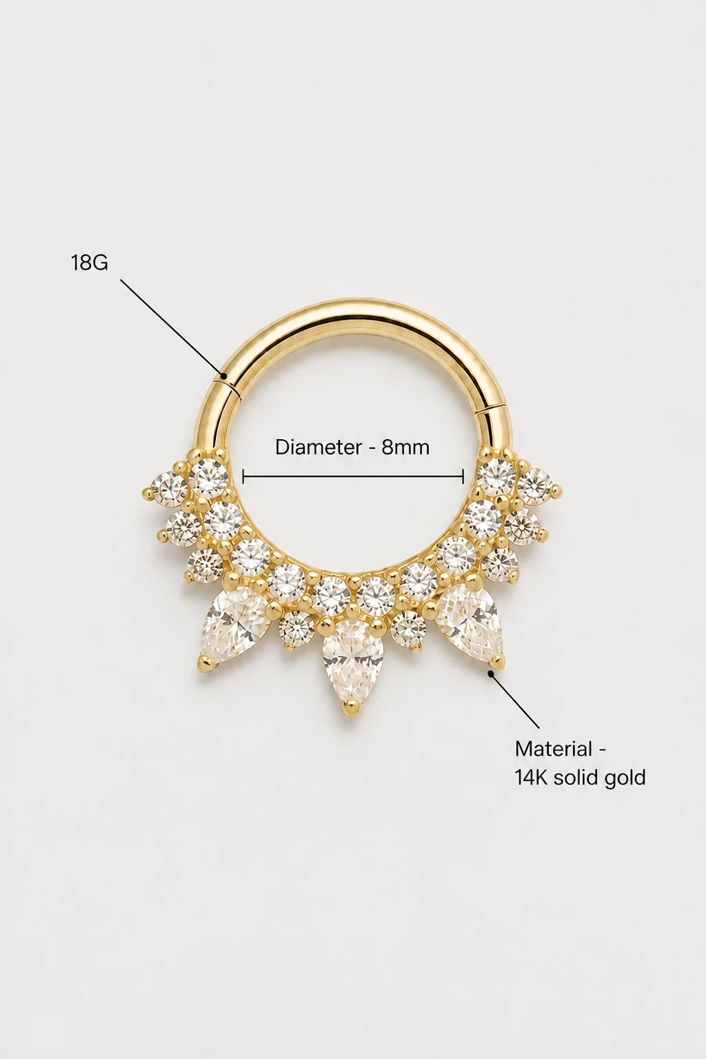 14k Gold Piercing Clicker mit Tropfen-Zirkonia · Yellow Gold · Studio 3/3 Specs