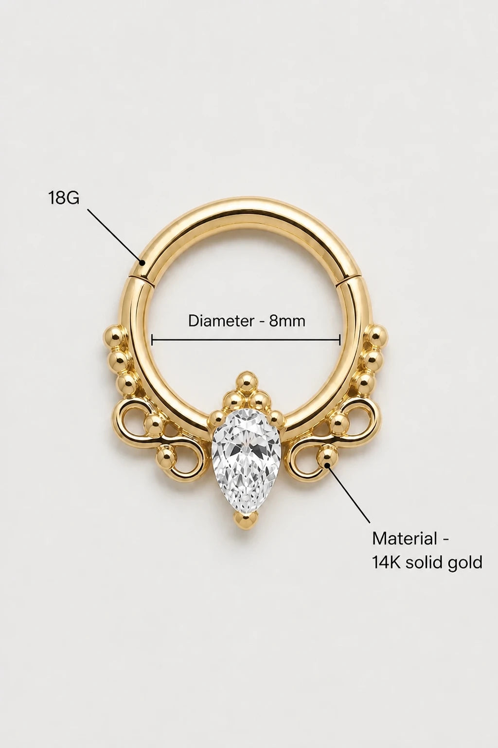 14k Gold Piercing Clicker mit Tropfen-Zirkonia · Yellow Gold · Studio 3/3 Specs
