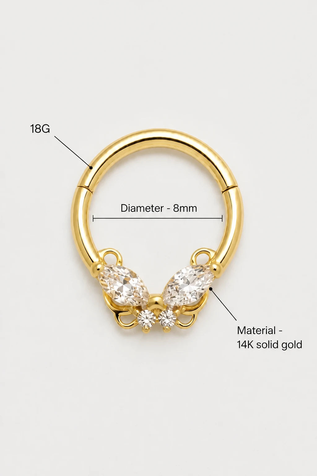 14k Gold Piercing Clicker mit Schmetterlingsmotiv · Yellow Gold · Studio 3/3 Specs