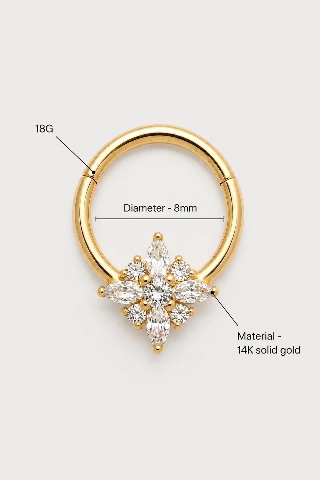 14k Gold Piercing Clicker mit Blütenmotiv · Yellow Gold · Studio 3/3 Specs