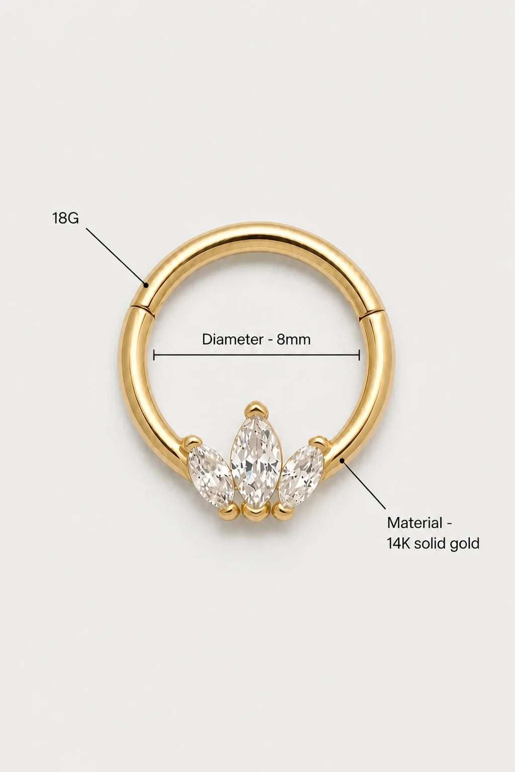 14k Gold Piercing Clicker mit drei Marquise-Zirkonia · Yellow Gold · Studio 3/3 Specs