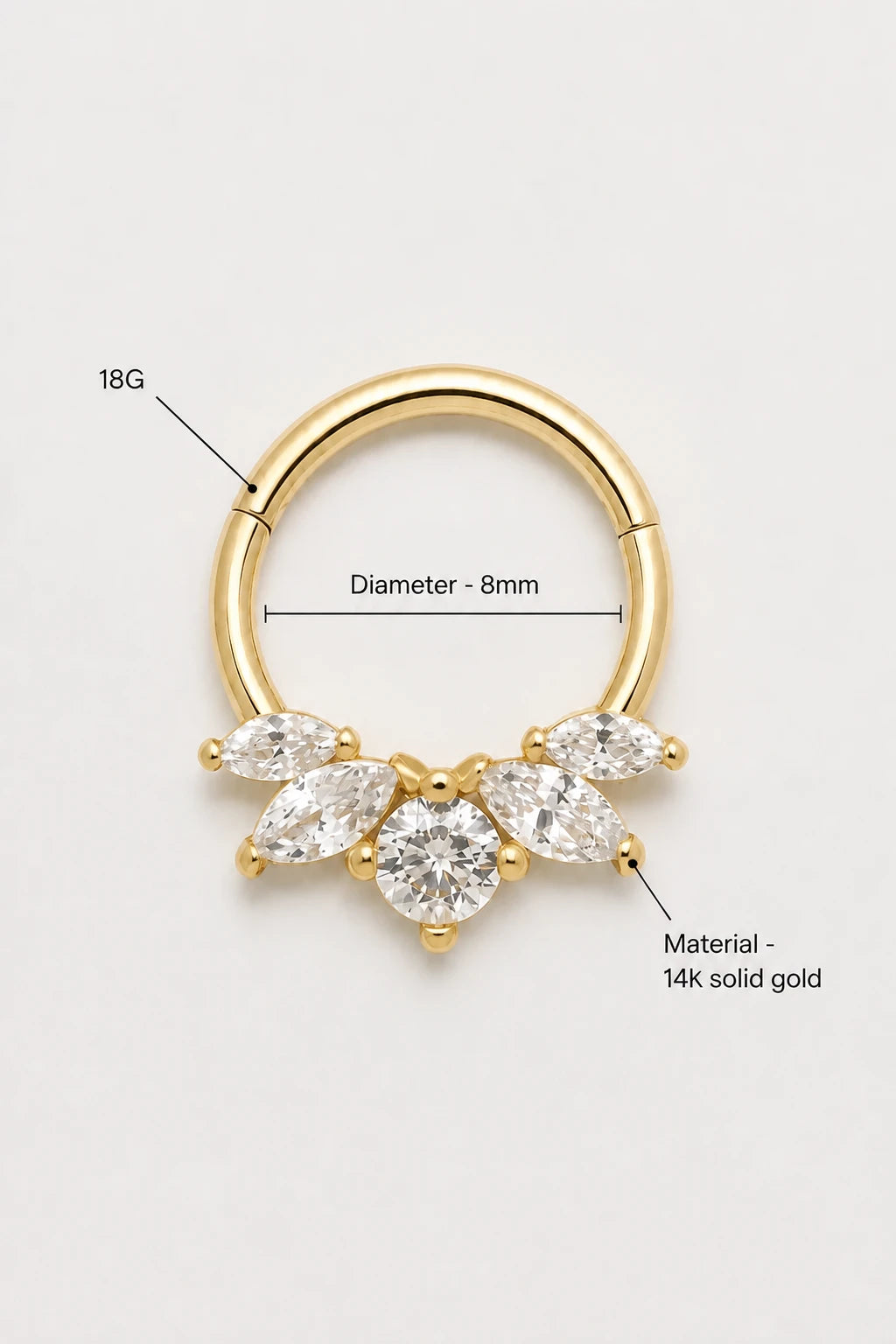14k Gold Piercing Clicker mit Marquise-Zirkonia · Yellow Gold · Studio 3/3 Specs