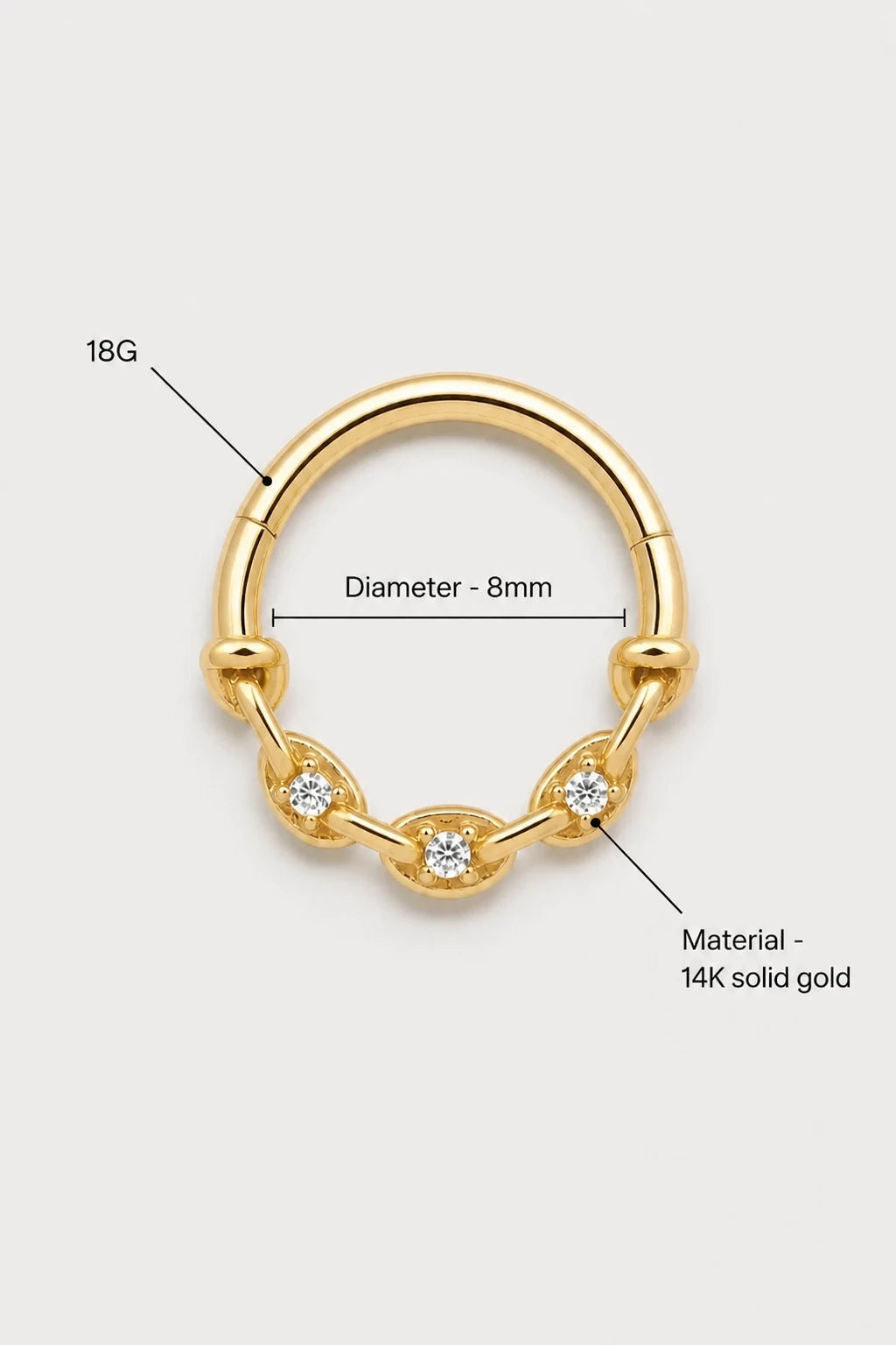 14k Gold Piercing Clicker mit klaren Zirkonia · Yellow Gold · Studio 3/3 Specs