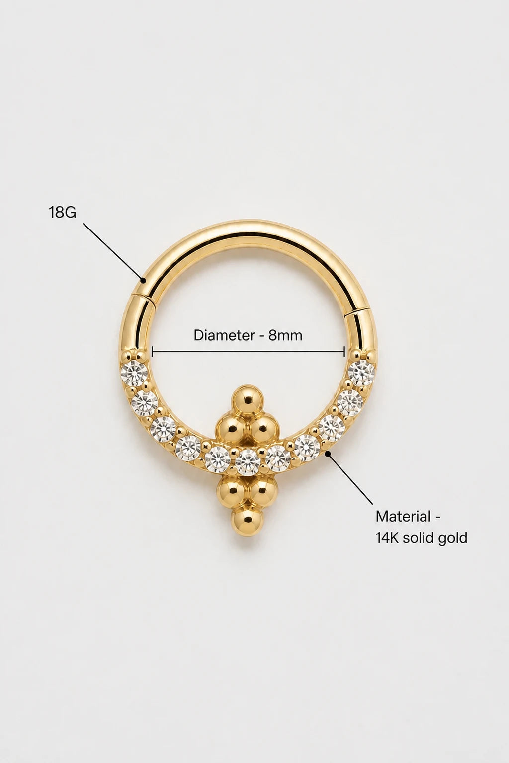 14k Gold Piercing Clicker mit Zirkonia-Cluster · Yellow Gold · Studio 3/3 Specs