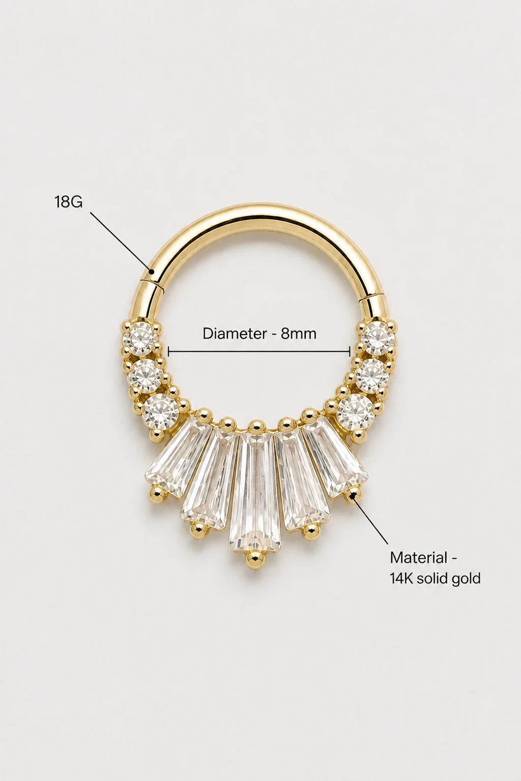 14k Gold Piercing Clicker mit Baguette-Zirkonia · Yellow Gold · Studio 3/3 Specs