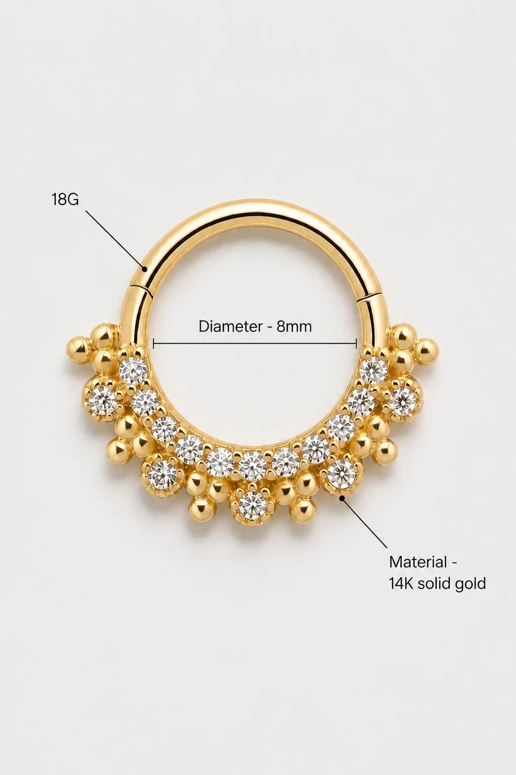 14k Gold Piercing Clicker mit Zirkonia-Cluster · Yellow Gold · Studio 3/3 Specs