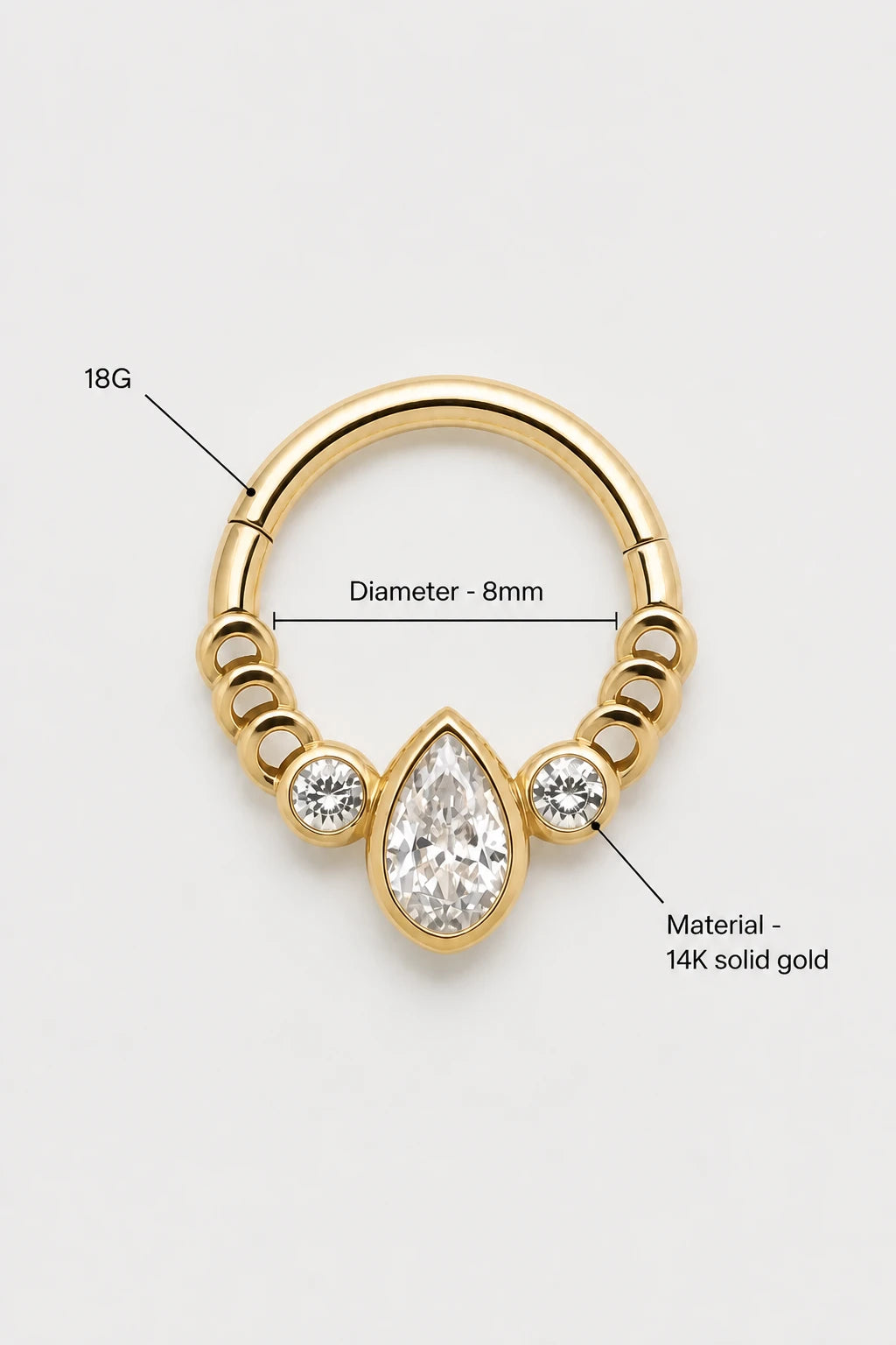 14k Gold Piercing Clicker mit Tropfen-Zirkonia · Yellow Gold · Studio 3/3 Specs