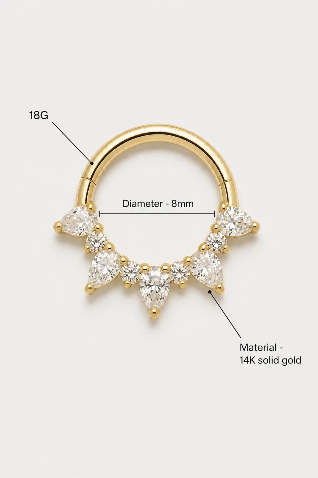 14k Gold Piercing Clicker mit Tropfen-Zirkonia · Yellow Gold · Studio 3/3 Specs