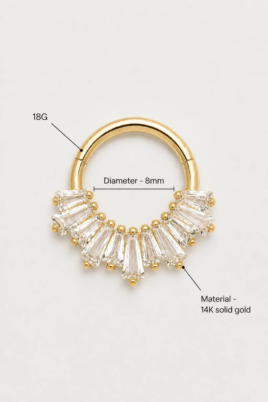 14k Gold Piercing Clicker mit Baguette-Zirkonia · Yellow Gold · Studio 3/3 Specs